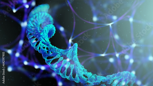 Visualization of the DNA of brain cells - neurons. Dna in the form of a polygonal wireframe. Depth of field