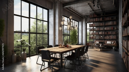 Interior design inspiration of Industrial Urban style home dining room loveliness decorated with Concrete and Steel material and Windows .Generative AI home interior design .
