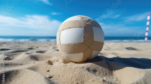 Close up of volley ball laying on white beach sand. Generative AI