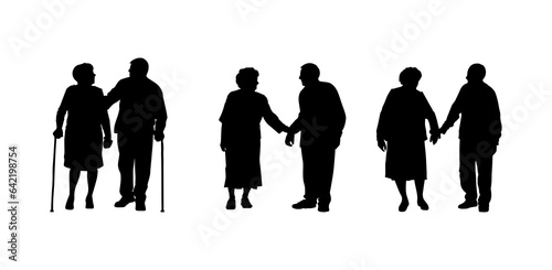 Vector illustration. Silhouette on a white background. Set of pensioners. Many people. A couple of men and women.