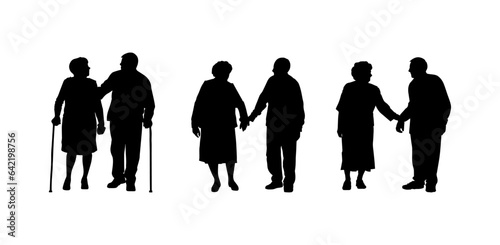 Vector illustration. Silhouette on a white background. Set of pensioners. Many people. A couple of men and women.
