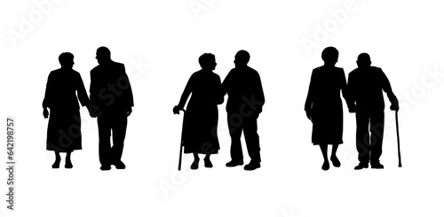 Vector illustration. Silhouette on a white background. Set of pensioners. Many people. A couple of men and women.