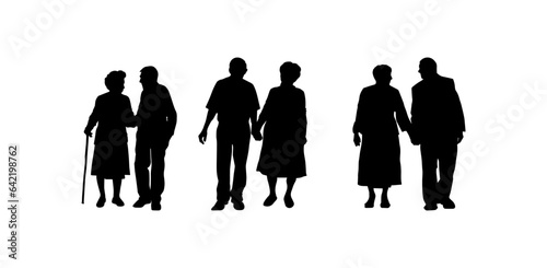 Vector illustration. Silhouette on a white background. Set of pensioners. Many people. A couple of men and women.