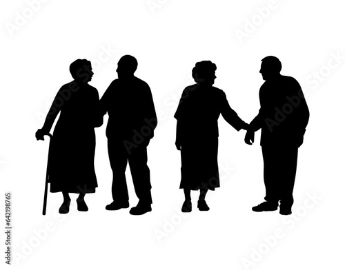 Vector illustration. Silhouette on a white background. Set of pensioners. Many people. A couple of men and women.