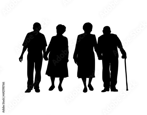 Vector illustration. Silhouette on a white background. Set of pensioners. Many people. A couple of men and women.