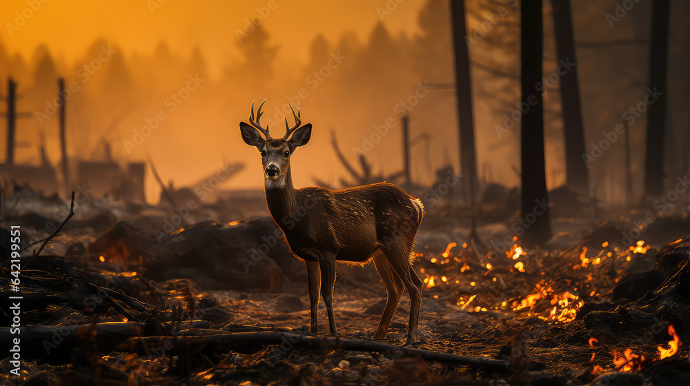 Deer on background Burnt forest, forest fire, climate change concept. Danger of forest fires for wild animals.  - obrazy, fototapety, plakaty 