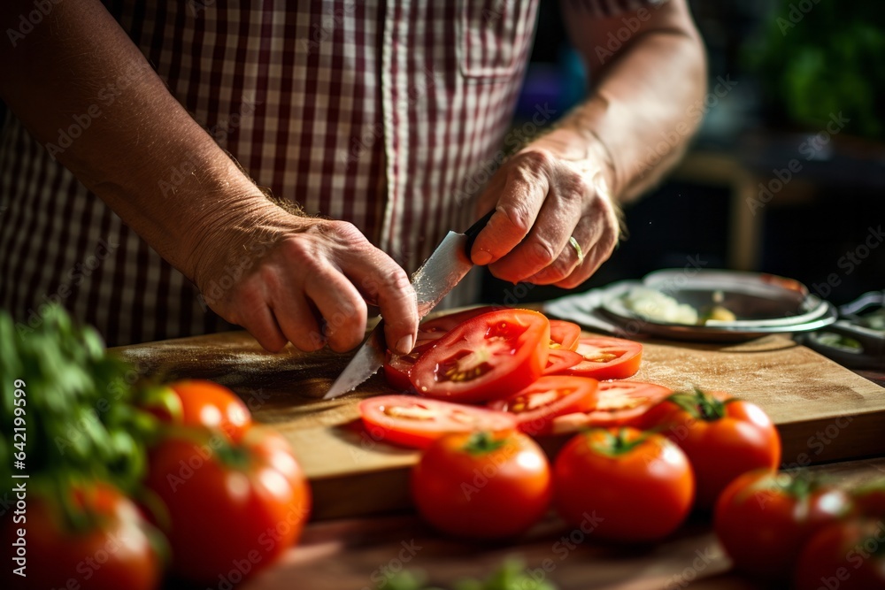  a pair of hands cutting fresh tomatoes on a kitchen table
