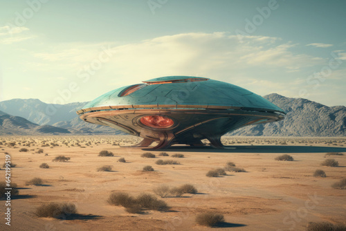 Alien ufo flying saucer. Spaceship flying over a desert. AI generated
