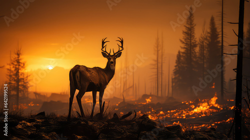 Deer on background Burnt forest, forest fire, climate change concept. Danger of forest fires for wild animals.