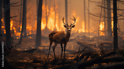 Deer on background Burnt forest, forest fire, climate change concept. Danger of forest fires for wild animals. 