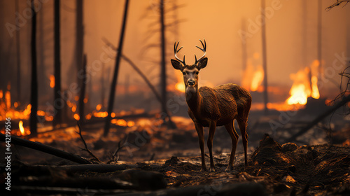 Deer on background Burnt forest, forest fire, climate change concept. Danger of forest fires for wild animals.  © dinastya