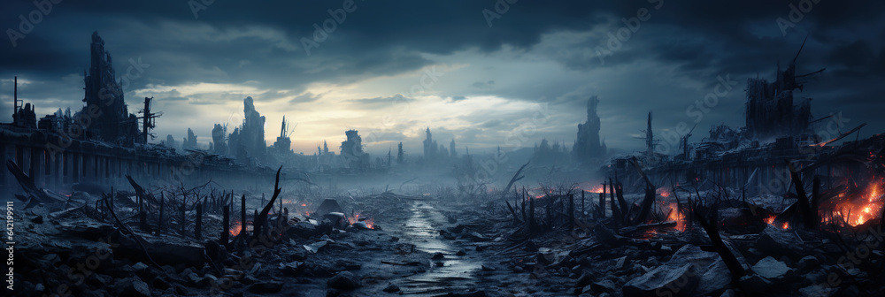 Post apocalypse after World war, apocalyptic destroyed city, banner - obrazy, fototapety, plakaty 