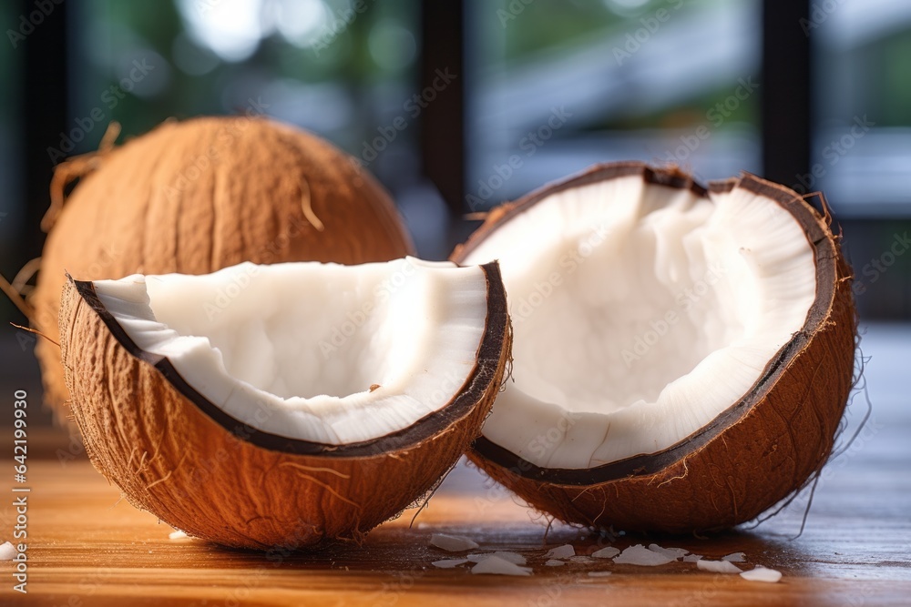 a fresh coconut cut by half on a table in a kitchen a fresh coconut cut by half on a table in a kitchen