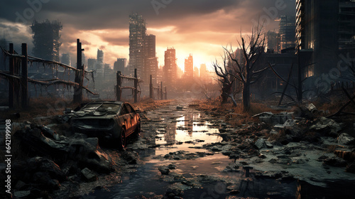 Post apocalypse scary view, apocalyptic destroyed city at sunset