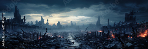 Obraz na płótnie Post apocalypse after World war, apocalyptic destroyed city, banner w salonie