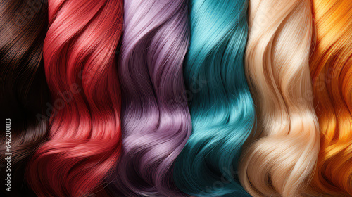 Hair colors dyed palette. Set background. Strands of beautiful hair dyed different bright colors. 