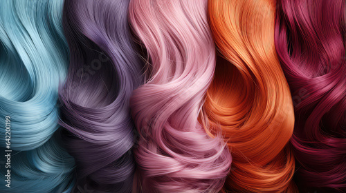 Hair colors dyed palette. Set background. Strands of beautiful hair dyed different bright colors. 