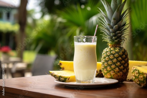 a delicious glass of pineapple juice next to a fresh pineapple on a table in a garden 