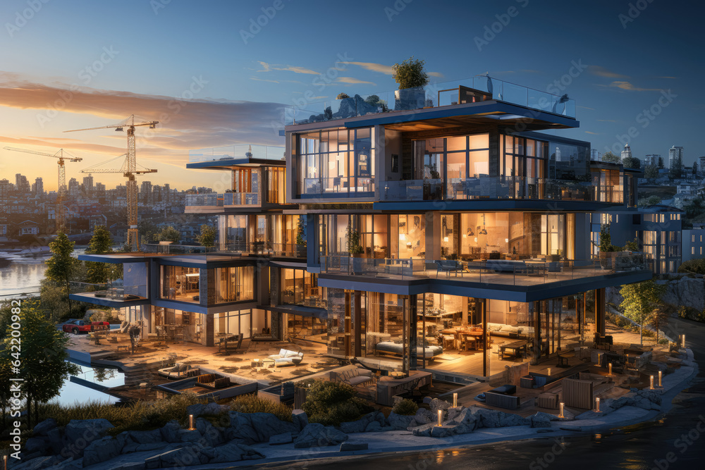 Depicting the real estate and construction industry concept, highlighting the various elements associated with property development and construction projects. Generative Ai.