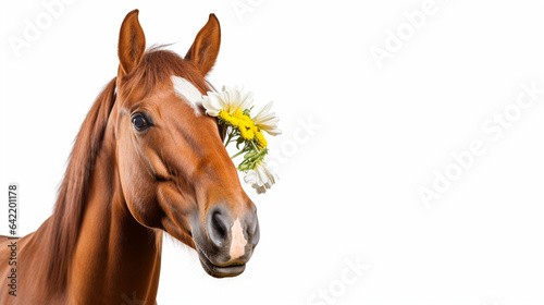 Horse with a flower isolated on white background