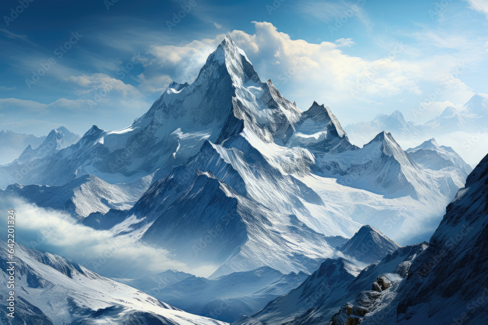 The image showcases majestic snow-covered mountains reaching into the sky, with their peaks partially hidden in ethereal clouds.  Generative AI.