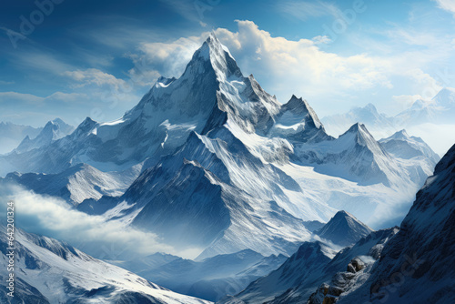 The image showcases majestic snow-covered mountains reaching into the sky, with their peaks partially hidden in ethereal clouds. Generative AI.