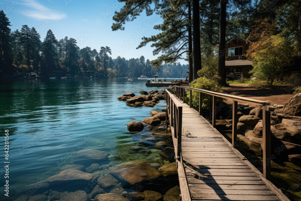 Serene boat dock on a picturesque lake, surrounded by natural beauty.  Generative AI.