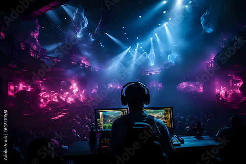 esports competition, the player with his back in front of monitors and spectators plays an online game