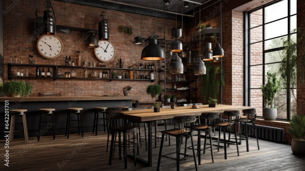 Interior design inspiration of Industrial Rustic style home dining room loveliness decorated with Metal and Wood material and Exposed brick wall .Generative AI home interior design .