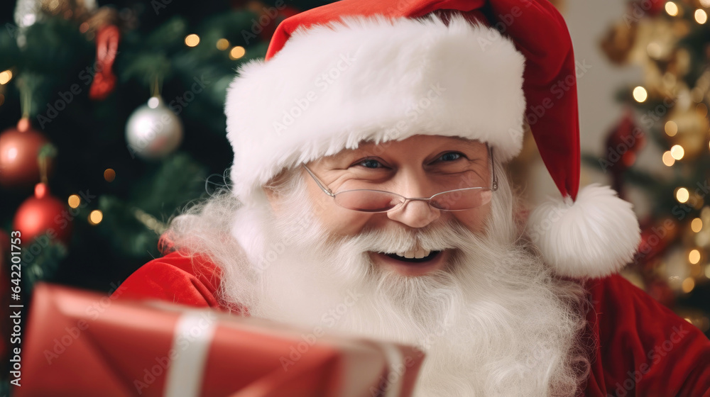 Smiling Santa Claus is putting gifts under the Christmas tree. Generative AI Smiling Santa Claus is putting gifts under the Christmas tree. Generative AI