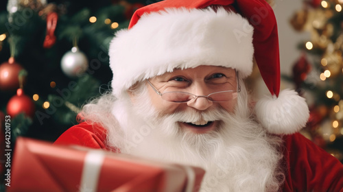 Smiling Santa Claus is putting gifts under the Christmas tree. Generative AI