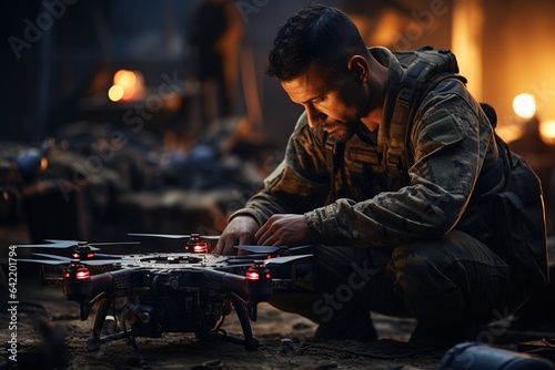 Soldier repairs a combat drone during conflict
