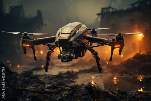 Military drone at battle field, new war tactics concept