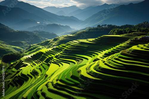 Rice fields meticulously cultivated by farmers  creating a captivating patchwork of vibrant greens.  Generative AI.