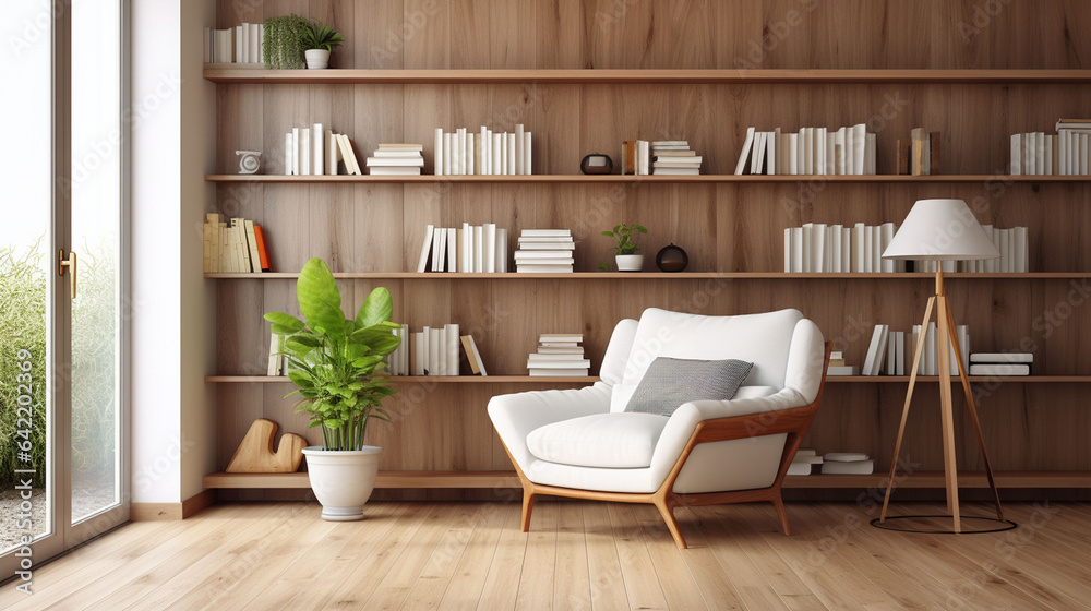 Interior of a large modern living room or home library with white and wooden walls, wooden floor, comfortable armchair and bookcase