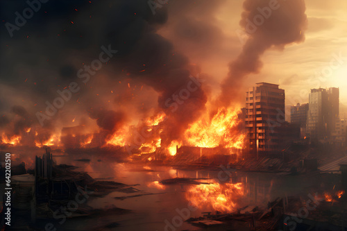 Destruction of city with fires, explosions and collapsing structures. Concept of war and disaster.