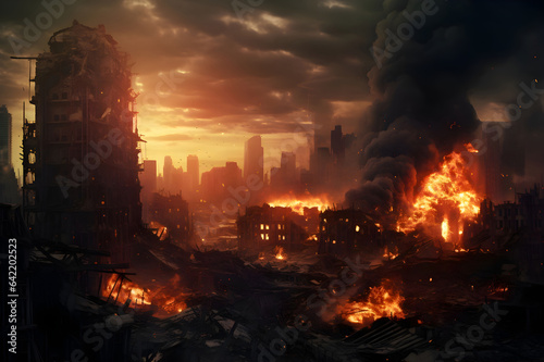 Destruction of city with fires  explosions and collapsing structures. Concept of war and disaster.
