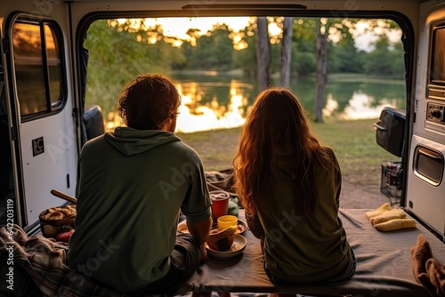 couple having breakfast in camper © neirfy