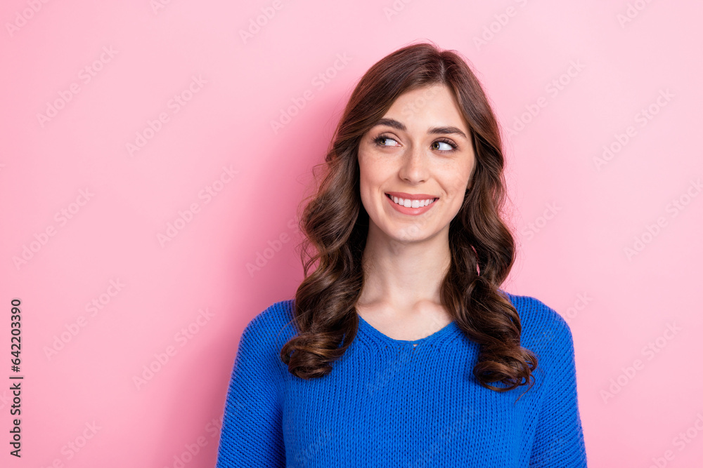 Photo of cute pretty positive pretty girl wear blue clothes looking empty space black friday low price isolated on pink color background Photo of cute pretty positive pretty girl wear blue clothes looking empty space black friday low price isolated on pink color background