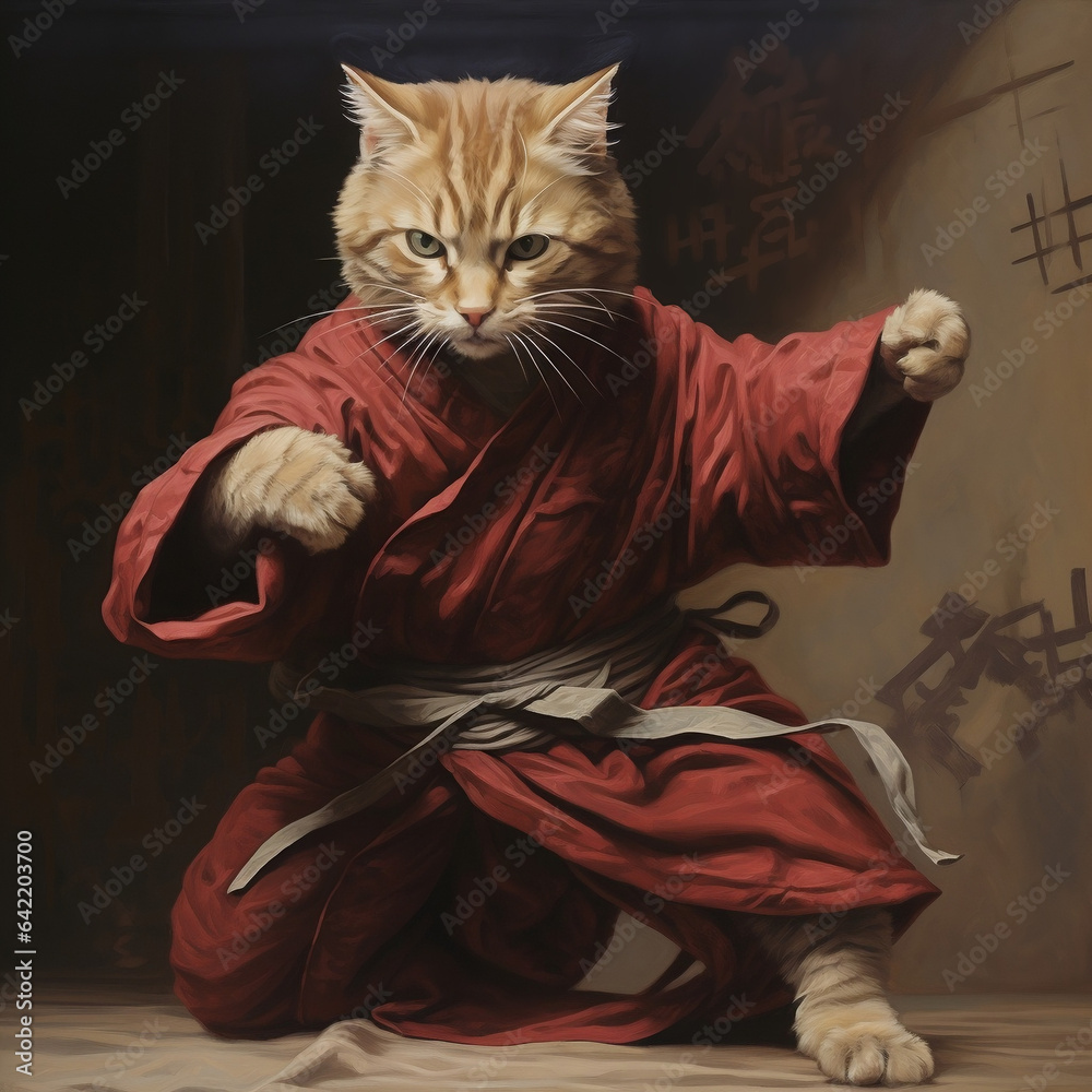 Orange Feline warrior in red kimono: Battle-ready kamae stance. Catlike warrior. Generative AI Orange Feline warrior in red kimono: Battle-ready kamae stance. Catlike warrior. Generative AI
