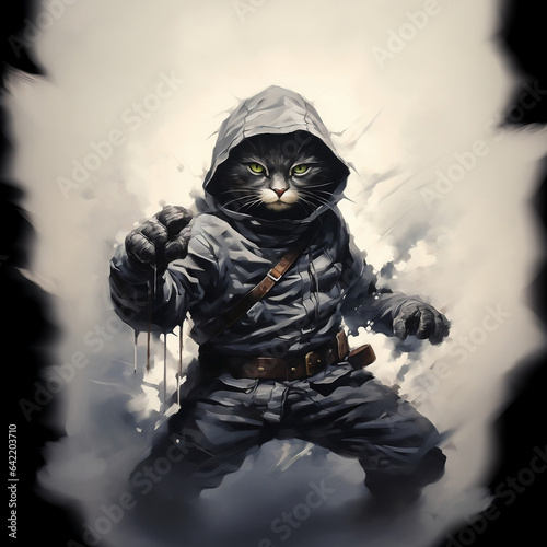 Enigmatic Black Cat Warrior in Hoodie: Dreamlike Landscape. Generative AI.