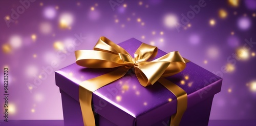 Purple Gift Box with Gold Ribbon. Holiday or birthday concept with copy space for you design.