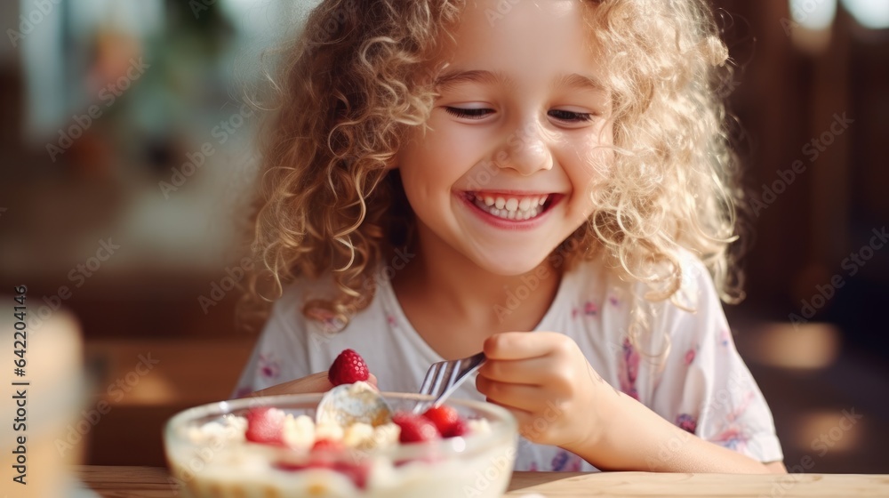 Smiling adorable child having breakfast eating oatmeal porridge with berries. Generative AI Smiling adorable child having breakfast eating oatmeal porridge with berries. Generative AI