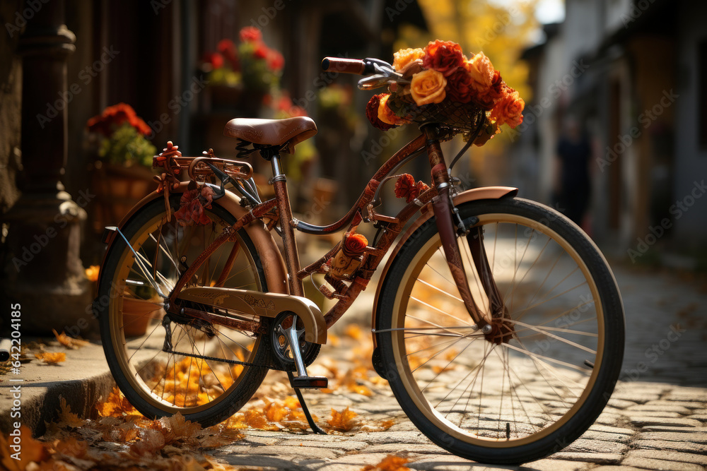 A vintage bicycle adorned with a basket of sunflowers and pumpkins embodies the nostalgic charm of autumn. Concept of Retro Ride. Generative Ai.