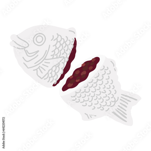 半分に割った粒あんの白いたい焼き手描きカラーイラスト