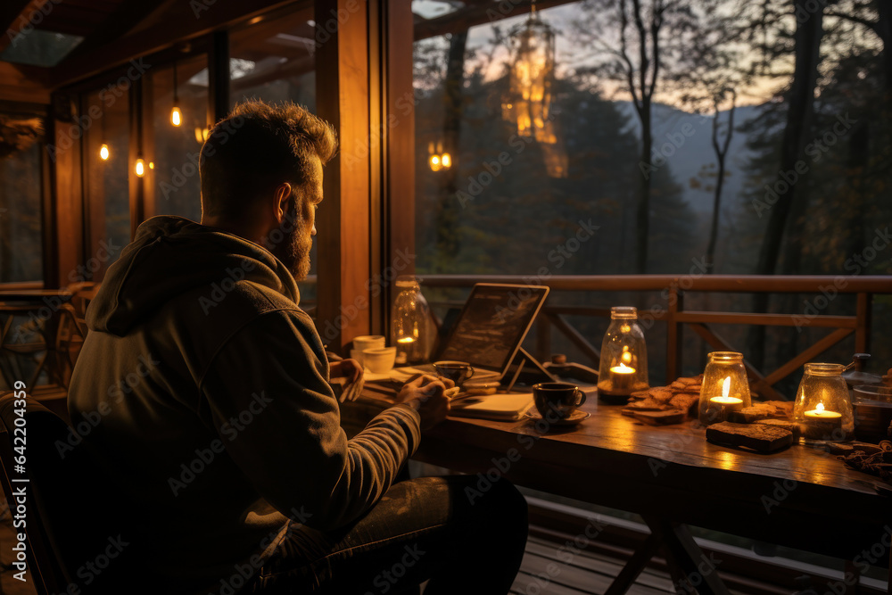 A traveler works on a laptop at a cozy bed and breakfast, proving that work can be accomplished in comfortable and inspiring settings. Generative Ai. A traveler works on a laptop at a cozy bed and breakfast, proving that work can be accomplished in comfortable and inspiring settings. Generative Ai.