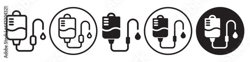 Infusion Icon. Medical clinic healthcare treatment of patient symbol. Vector set of liquid fluid plasma blood donation plastic bag or tube. Flat outline of hospital glucose injection care Iv bottle