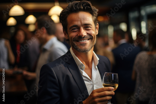 A businessman enjoys a wine tasting experience after attending a seminar, highlighting the fusion of professional growth and personal enjoyment. Generative Ai.