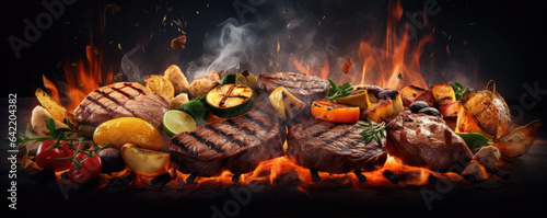 Wallpaper Mural vegetable and steak meat on grill. with flames behind. Torontodigital.ca
