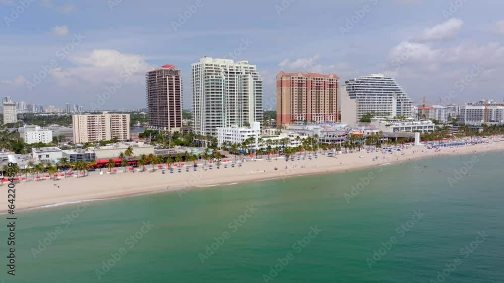 Aerial turning flyover oceanfront buildings on Fort Lauderdale Beach FL 2023 Aerial turning flyover oceanfront buildings on Fort Lauderdale Beach FL 2023